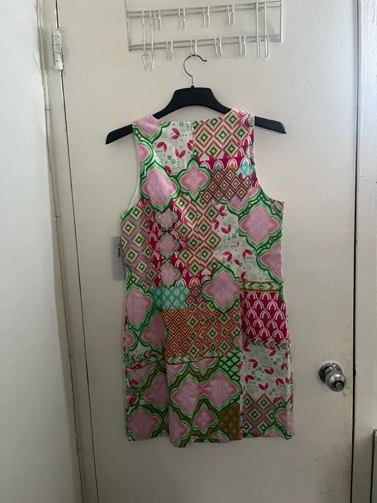 London Times Pink Green Multi-Pattern Sleeveless Shift Dress - Picture 2 of 4